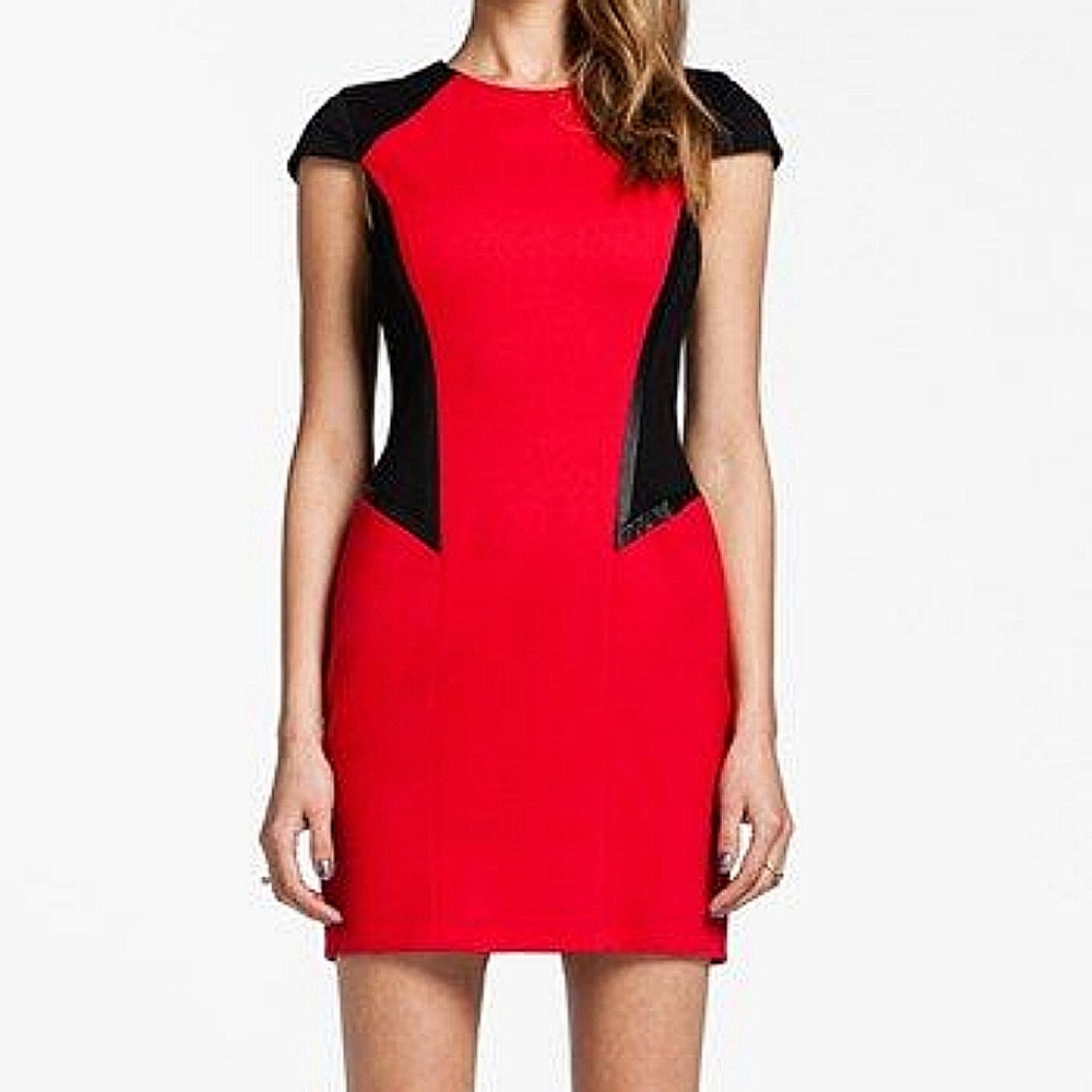 Cynthia Steffe Red Black Faux Leather Colorblock Cap Sleeve Sheath Dress Sz 2